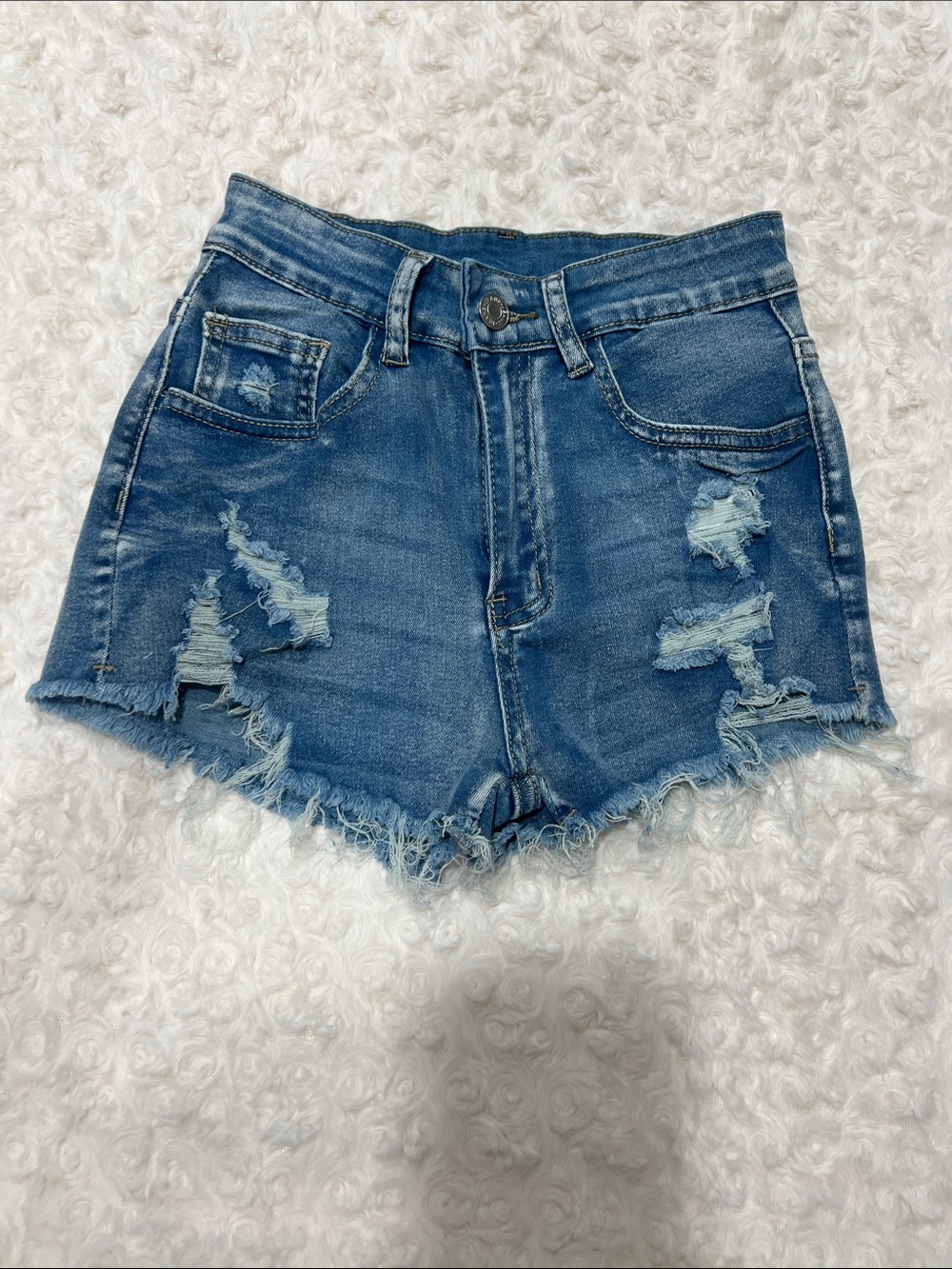 Distressed High-Rise Denim Shorts - Blue